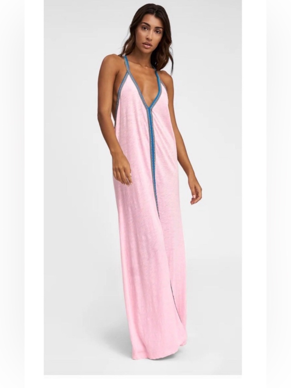 Pitusa Pink Maxi Swim Cover-Up with Blue Trim M